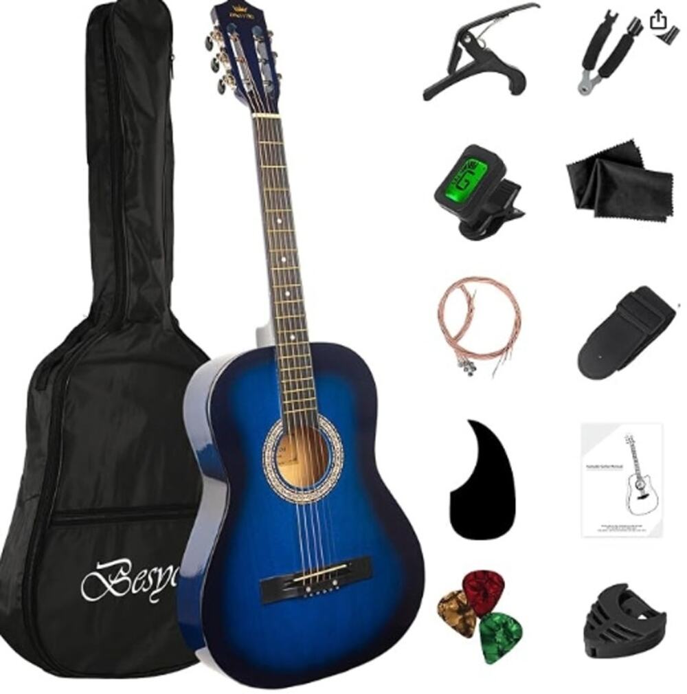 38" Beginner Acoustic Guitar Starter Kit Blue Gig Bag Tuner Capo Strings New/OB